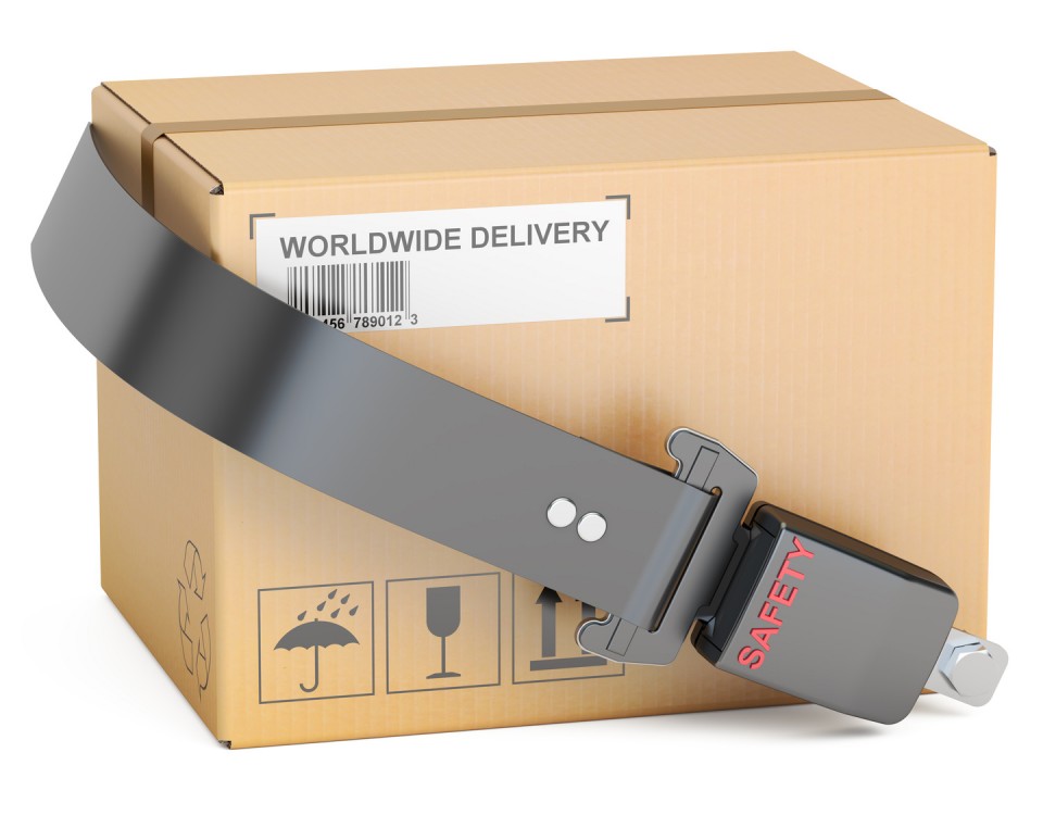 safety delivery concept, safety belt with cardboard box parcel. 3D rendering  isolated on white background